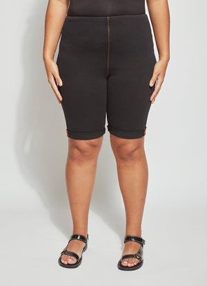 color=Midtown Black, biker-length women's denim short, comfort waistband, flattering plus size cut