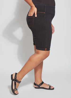 color=Midtown Black, side view, biker-length women's denim short, comfort waistband, flattering plus size cut