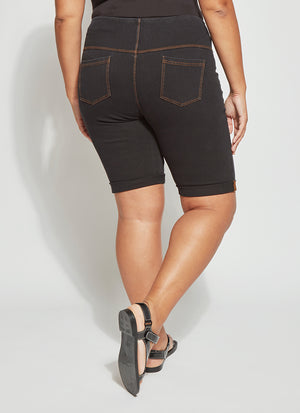 color=Midtown Black, back view, biker-length women's denim short, comfort waistband, flattering plus size cut