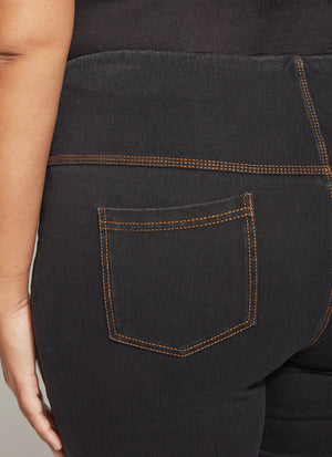 color=Midtown Black, rear detail, biker-length women's denim short, comfort waistband, flattering plus size cut