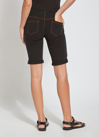 color=Midtown Black, back view, women's denim jean short, smoothing comfort waistband, body hugging in hips and looser across thigh