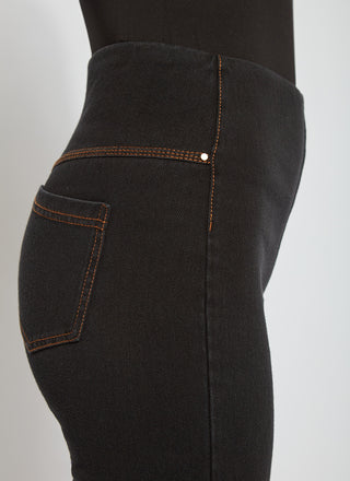 color=Midtown Black, side detail, women's denim jean short, smoothing comfort waistband, body hugging in hips and looser across thigh