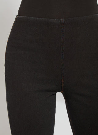 color=Midtown Black, front waistline detail, women's denim jean short, smoothing comfort waistband, body hugging in hips and looser across thigh