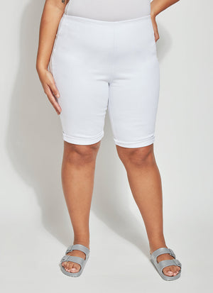 color=White, front view, biker-length women's denim short, comfort waistband, flattering plus size cut