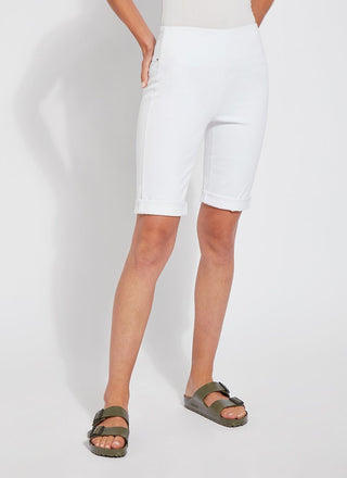 color=White, front view, women's denim jean short, smoothing comfort waistband, body hugging in hips and looser across thigh