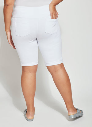 color=White, back view, biker-length women's denim short, comfort waistband, flattering plus size cut