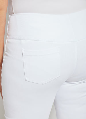 color=White, back waist detail, biker-length women's denim short, comfort waistband, flattering plus size cut