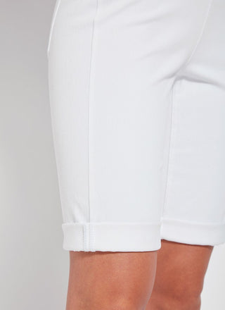 color=White, hem detail, women's denim jean short, smoothing comfort waistband, body hugging in hips and looser across thigh