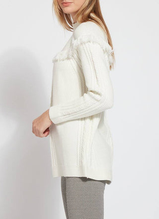 color=Snow White, side, cable knit sweater with rounded yoke and fringe, funnel neck