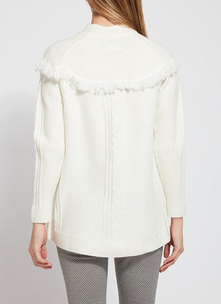 color=Snow White, back, cable knit sweater with rounded yoke and fringe, funnel neck