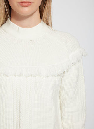 color=Snow White, front neckline detail, cable knit sweater with rounded yoke and fringe, funnel neck