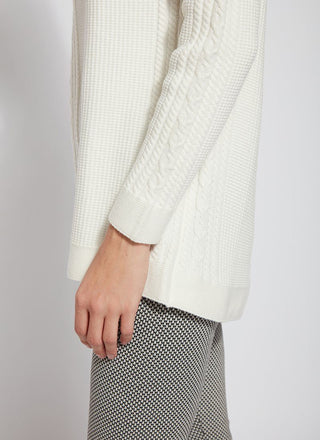color=Snow White, hem and sleeve details, cable knit sweater with rounded yoke and fringe, funnel neck