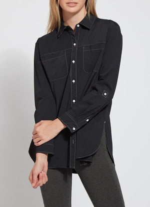 color=Black, front, plus-size stretch microfiber women's button up shirt with patch pockets and roll-tab sleeves