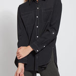 color=Black, front view, stretch microfiber women's button up shirt with patch pockets and roll-tab sleeves