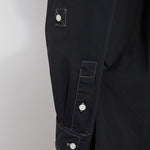 color=Black, sleeve detail, stretch microfiber women's button up shirt with patch pockets and roll-tab sleeves