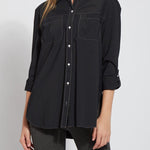 color=Black, front view, stretch microfiber women's button up shirt with patch pockets and roll-tab sleeves