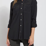 color=Black, front view, stretch microfiber women's button up shirt with patch pockets and roll-tab sleeves