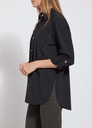 color=Black, side, plus-size stretch microfiber women's button up shirt with patch pockets and roll-tab sleeves