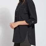 color=Black, side view, stretch microfiber women's button up shirt with patch pockets and roll-tab sleeves