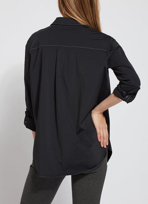 color=Black, back, plus-size stretch microfiber women's button up shirt with patch pockets and roll-tab sleeves