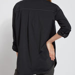 color=Black, back, stretch microfiber women's button up shirt with patch pockets and roll-tab sleeves