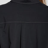 color=Black, back neckline detail, stretch microfiber women's button up shirt with patch pockets and roll-tab sleeves