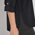 color=Black, hem and sleeve detail, stretch microfiber women's button up shirt with patch pockets and roll-tab sleeves