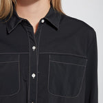 color=Black, front neckline detail, stretch microfiber women's button up shirt with patch pockets and roll-tab sleeves