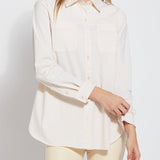 color=Eggnog, front, stretch microfiber women's button up shirt with patch pockets and roll-tab sleeves