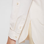 color=Eggnog, hem and sleeve detail, stretch microfiber women's button up shirt with patch pockets and roll-tab sleeves