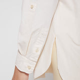 color=Eggnog, hem and sleeve detail, stretch microfiber women's button up shirt with patch pockets and roll-tab sleeves