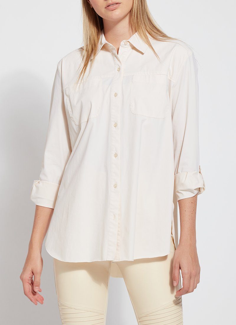 color=Eggnog, front, stretch microfiber women's button up shirt with patch pockets and roll-tab sleeves