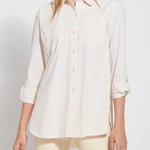 color=Eggnog, front, stretch microfiber women's button up shirt with patch pockets and roll-tab sleeves