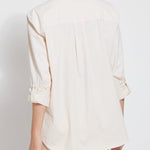 color=Eggnog, back, stretch microfiber women's button up shirt with patch pockets and roll-tab sleeves