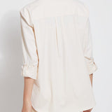 color=Eggnog, back, stretch microfiber women's button up shirt with patch pockets and roll-tab sleeves