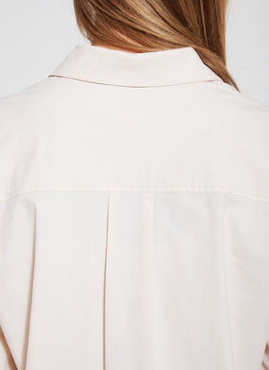 color=Eggnog, back neckline detail, stretch microfiber women's button up shirt with patch pockets and roll-tab sleeves