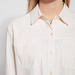 color=Eggnog, front neckline detail, stretch microfiber women's button up shirt with patch pockets and roll-tab sleeves