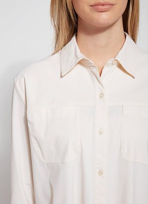 color=Eggnog, front neckline detail, stretch microfiber women's button up shirt with patch pockets and roll-tab sleeves