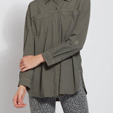 color=Spruce, front, stretch microfiber women's button up shirt with patch pockets and roll-tab sleeves