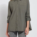 color=Spruce, front view, stretch microfiber women's button up shirt with patch pockets and roll-tab sleeves