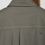 color=Spruce, back neckline detail, stretch microfiber women's button up shirt with patch pockets and roll-tab sleeves