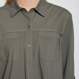 color=Spruce, front neckline detail, stretch microfiber women's button up shirt with patch pockets and roll-tab sleeves