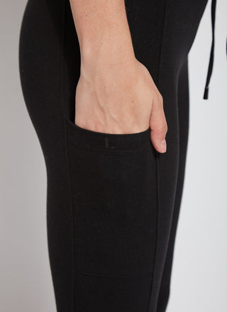 color=Black, side detail, hand in pocket, legging jogger hybrid with cotton spandex and comfortable slimming waistband 