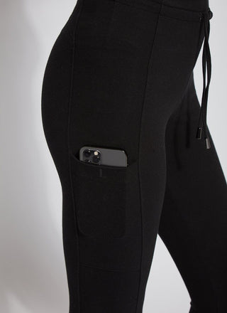 color=Black, side phone pocket, black legging jogger hybrid with cotton spandex and comfortable slimming waistband 