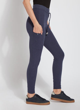 color=Eclipse Melange, side view, blue legging jogger hybrid with cotton spandex and comfortable slimming waistband 