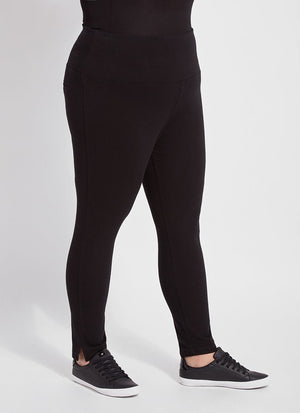 color=Black, side view, plus size denim skinny jean leggings with concealed smoothing waistband for flattering fit