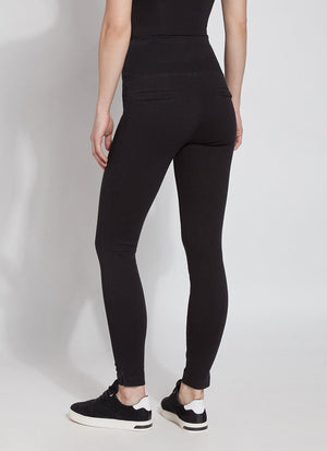 color=Black, Rear view black denim skinny jean legging with concealing waistband