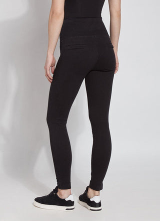 color=Black, back view, plus size denim skinny jean leggings with concealed smoothing waistband for flattering fit