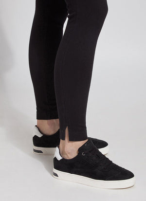 color=Black, hem detail, plus size denim skinny jean leggings with concealed smoothing waistband for flattering fit