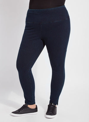 color=Indigo, front view, plus size denim skinny jean leggings with concealed smoothing waistband for flattering fit